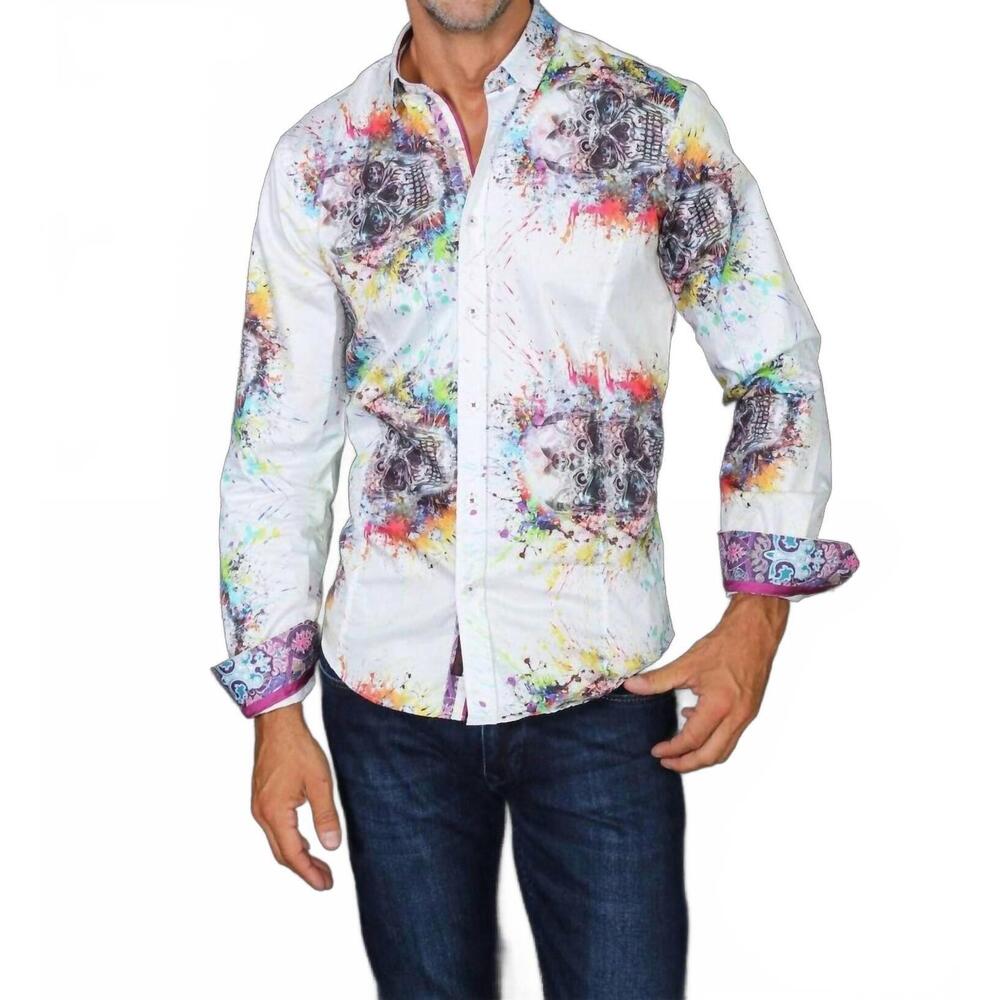 NEW EIGHT X paint splash skull button down shirt in pink